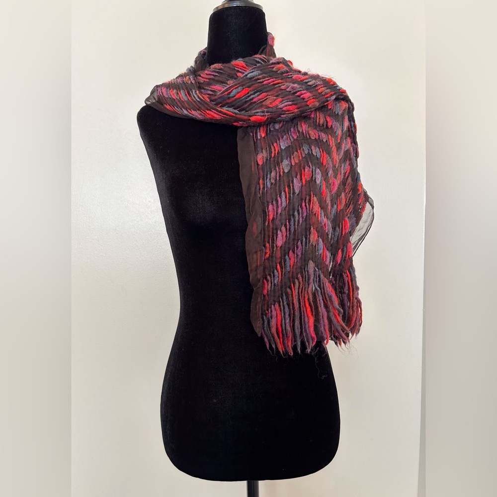 Purple Fuschia Pink Wool on Black Silk Rectangular Scarf Stole - NWOT